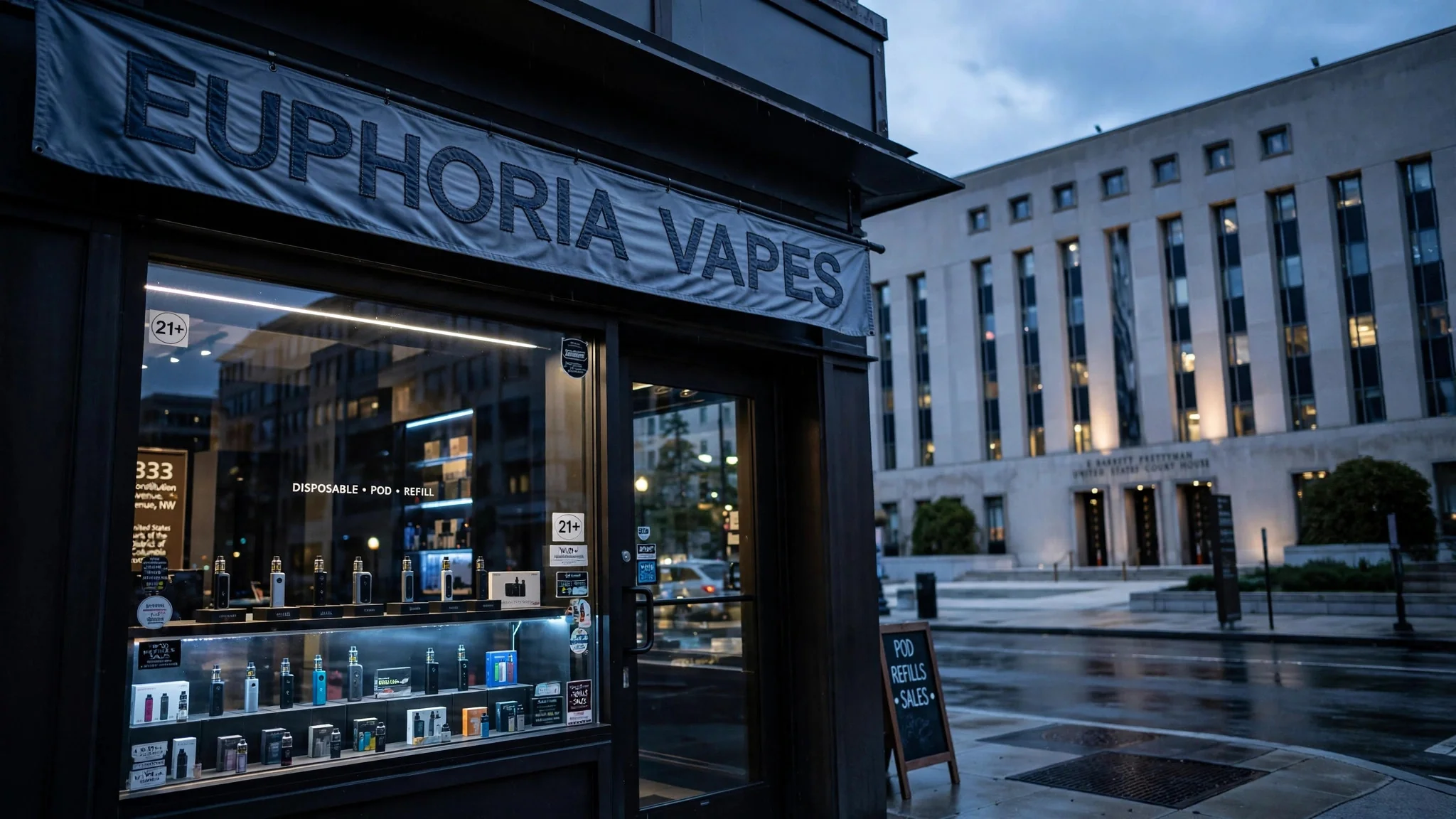 Euphoria Vapes shopfront in front of a federal courthouse in Washington DC