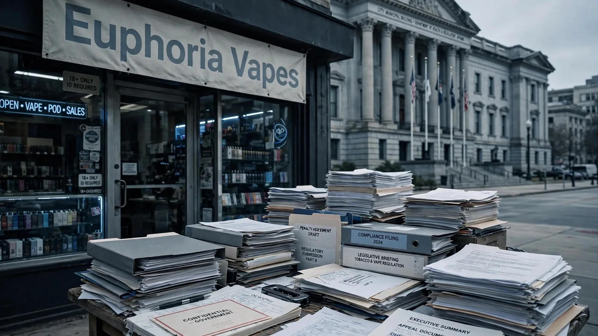 Stacks of regulatory documents outside a vape shop
