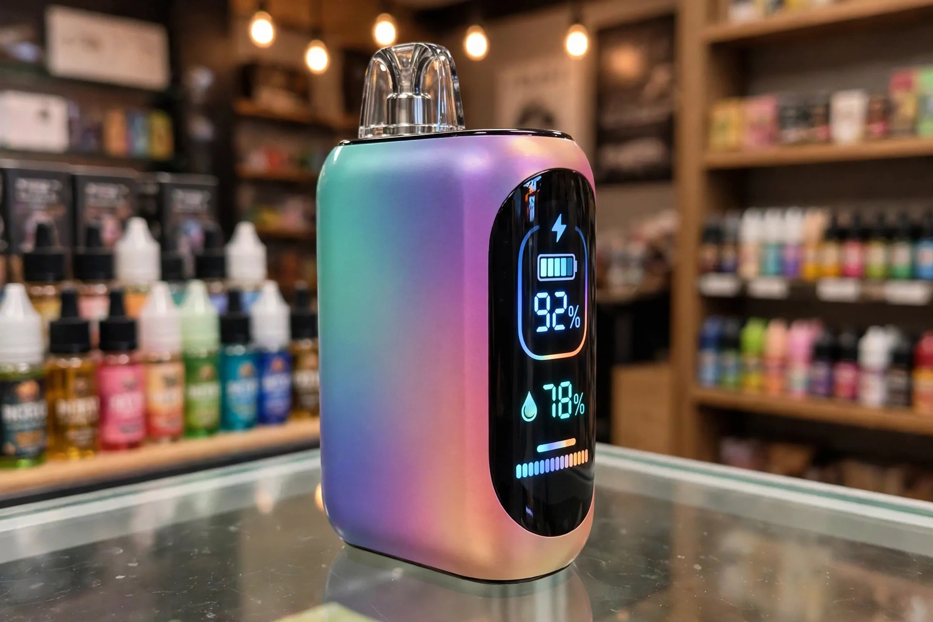 Geek Bar Pulse X disposable vape with smart display on a vape shop counter