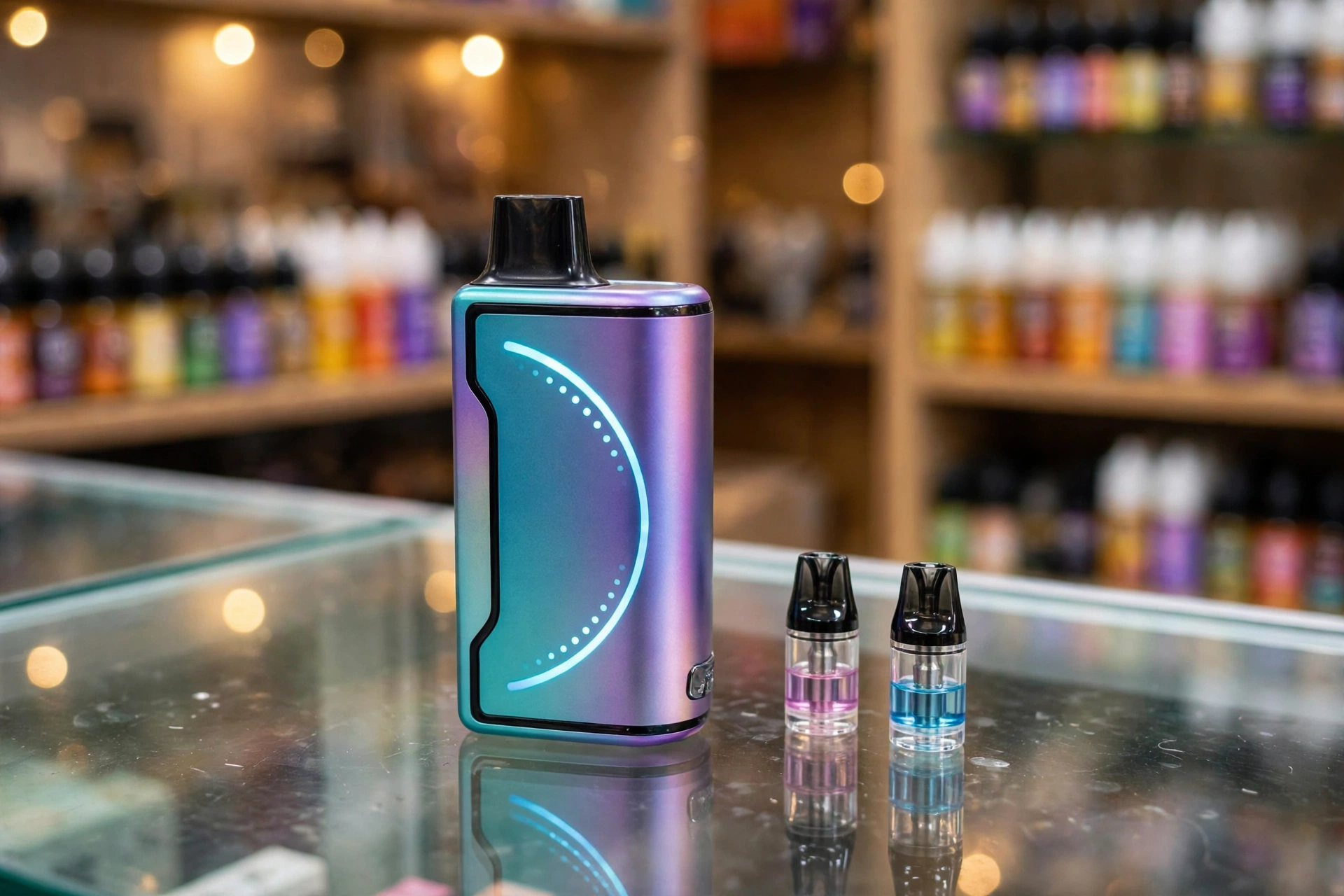 Lost Mary Nera Fullview 70K pod system with curved display on a vape shop counter