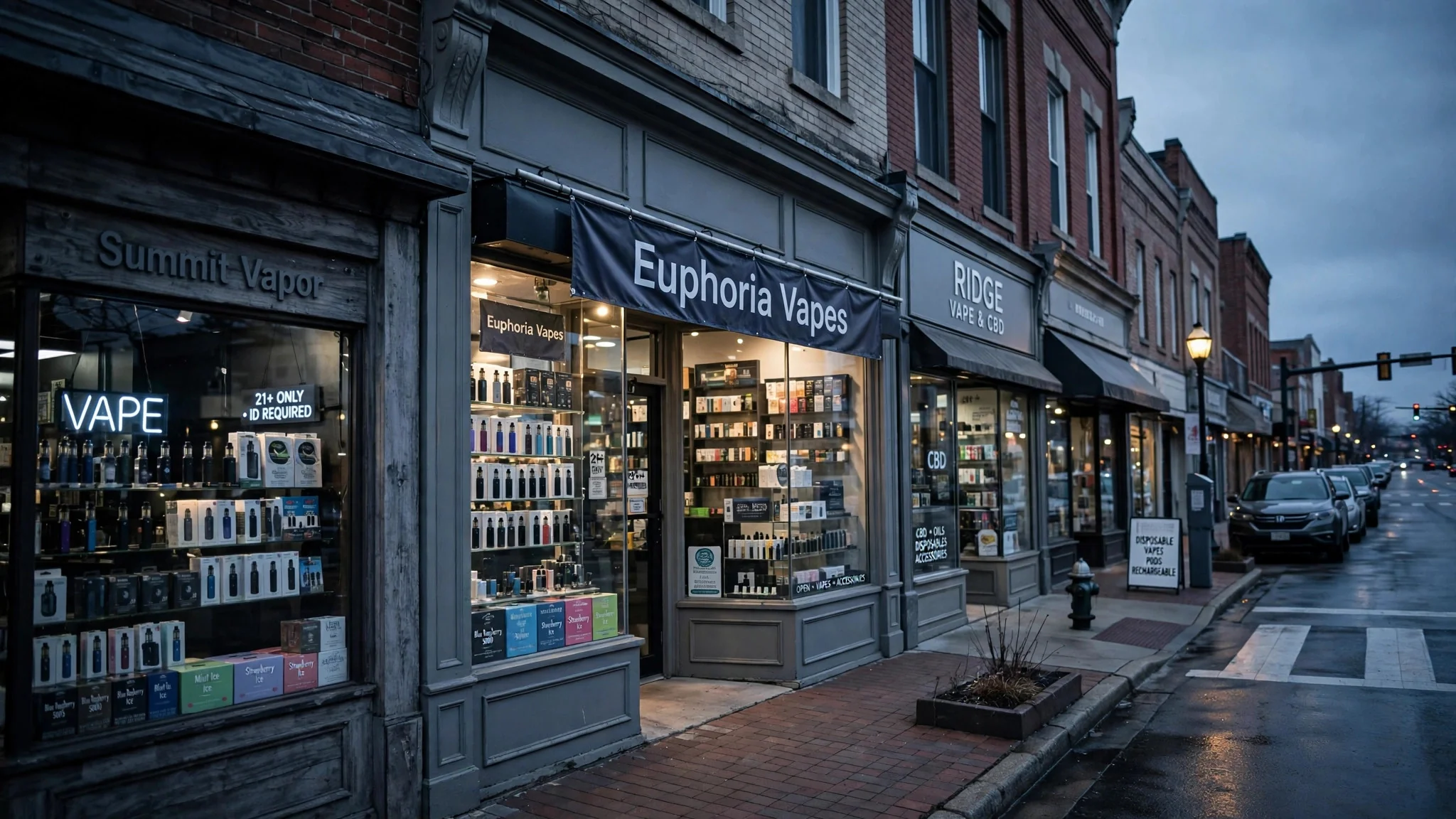 Row of vape shops on an American main street at dusk